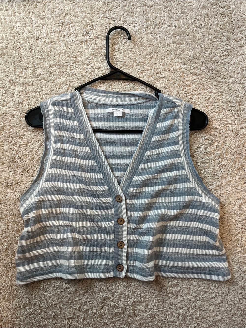 O'Neill Striped Knit Button-Front Crop Vest - Light Gray & Cream